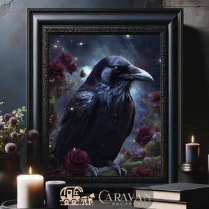 Halloween Raven and Purple Roses Printable Wall Art, Victorian Gothic & Dark Academia Decor, Spooky Witchy Gifts, Vintage Goth Poe Prints