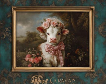 Coquette Cow & Florals Printable Wall Art- Cottagecore, Dark Academia, Victorian Gothic, Country Farmhouse Nursery Decor, Farm Animal prints