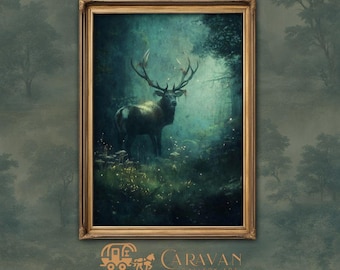 Moody Celtic Elk Printable wall art- Dark Academia Antique Original Deer oil painting, Victorian Gothic Reindeer, Wildlife Gift for Him