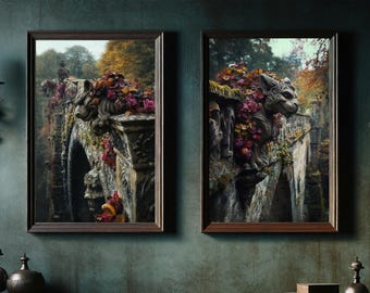 Halloween Gargoyles & Floral-Set of 2 Printable Wall Art, Black Victorian Gothic decor, Moody Dark Academia or Goth Witchy Gifts for Her