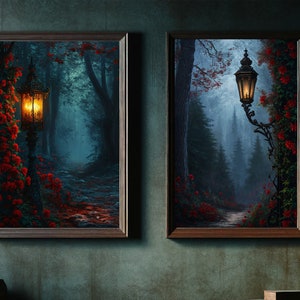 Moody Floral Lanterns and Roses Set of 2 Printable Wall Art, Dark Academia & Victorian Gothic Decor, Vintage Dark Cottagecore Gift for Her