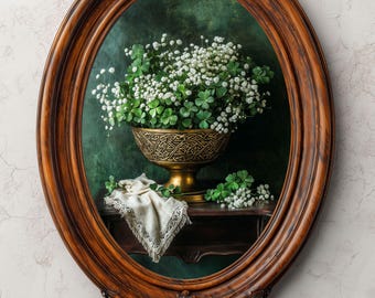 Celtic Green Shamrock Moody Floral Printable wall art- Irish Cottagecore, French Country, or Victorian Farmhouse Decor, Botanical Still Life