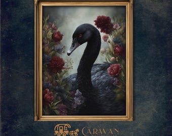 Victorian Black Swan with Roses moody floral Printable wall art, Gothic & Dark Academia Decor, Original Oil painting, Cottagecore Decor