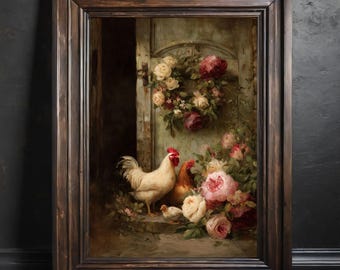 Floral Farmhouse Chickens Printable wall art- Cottagecore, Victorian, French Country & Folk Decor, Vintage Valentine or Spring Easter Print
