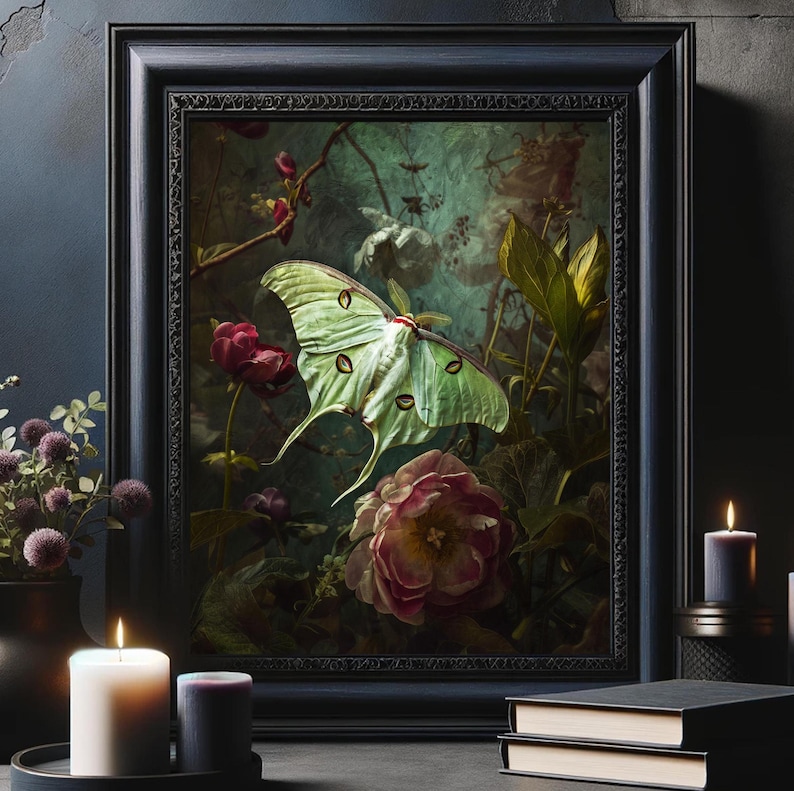 Victorian artwork featuring a luna moth with roses and other dark flowers.