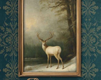 May include: A painting of a white-tailed deer standing in a forest clearing. The deer is facing the viewer and has large antlers. The background is a lush forest with trees and foliage. The painting is framed in a gold frame.