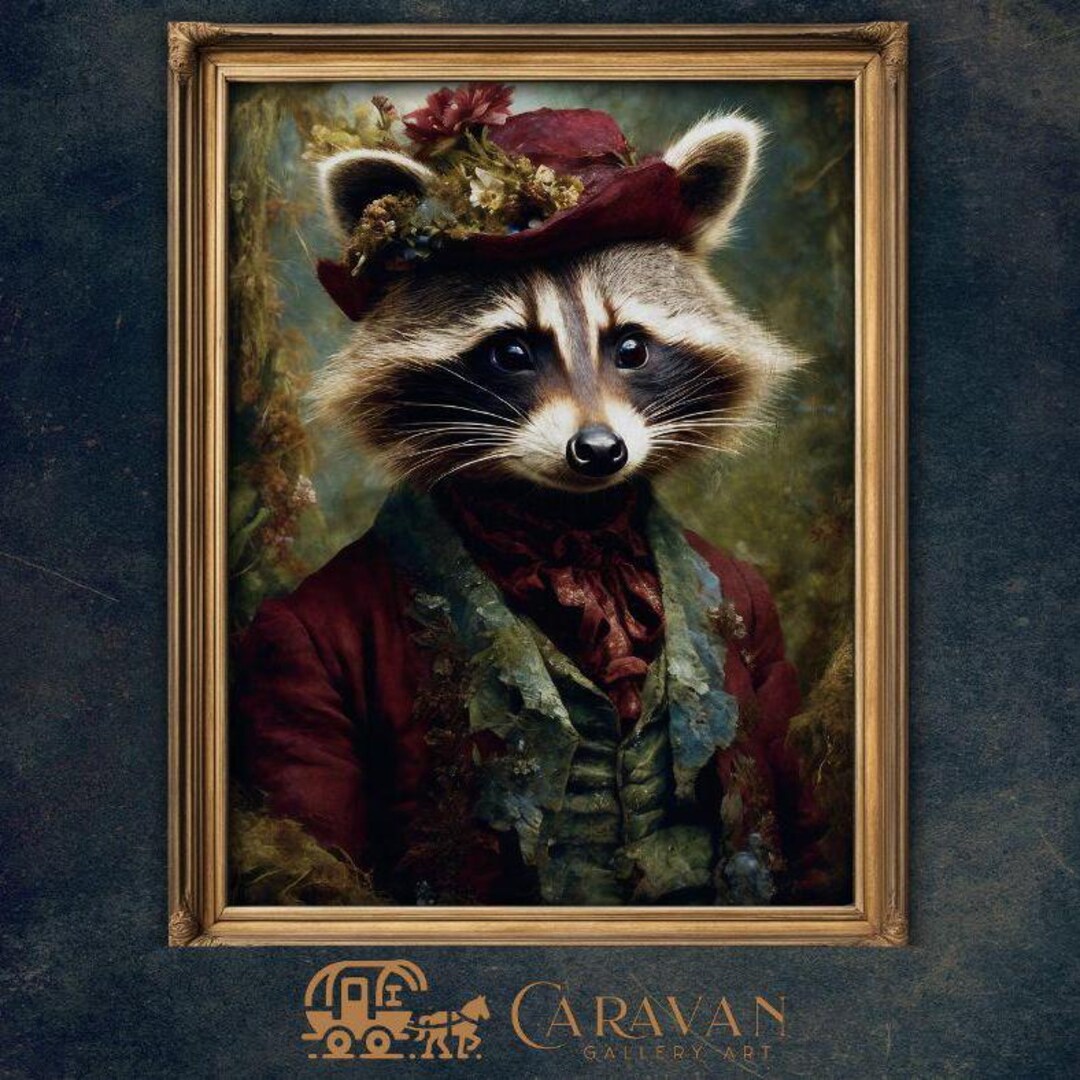 Victorian Lady Raccoon Printable Wall Art, Altered Animal Head Dark