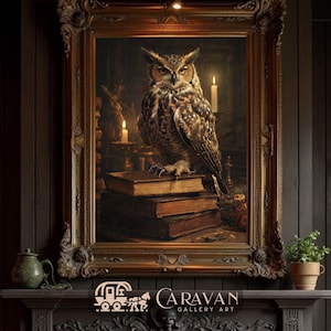 Dark Academia Owl and Books printable wall art, Moody Halloween Art, Victorian Nature Forestcore Antique Photograph, Gift for Students