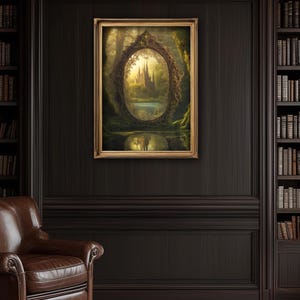 artwork of a giant gold mirror set in the deep moss covered forest at the edge of a pond.  It is reflecting back a magical scene of a fantasy world.