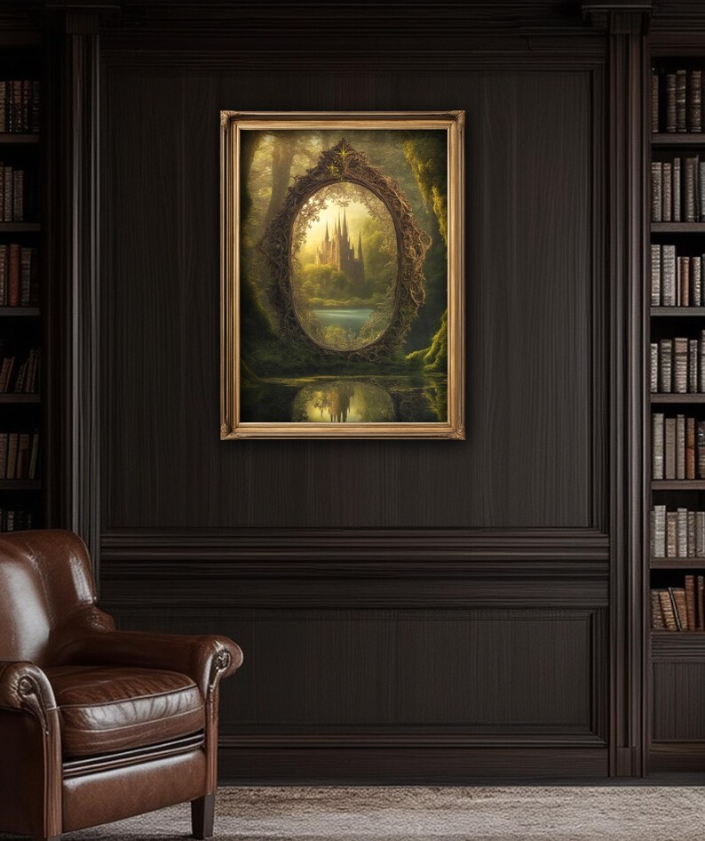 artwork of a giant gold mirror set in the deep moss covered forest at the edge of a pond.  It is reflecting back a magical scene of a fantasy world.