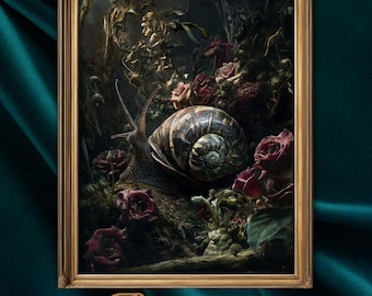Snail with Burgundy Flower in forest Botanical Printable Wall Art, Dark Academia Moody Cottagecore Floral print, Victorian Gothic decor gift