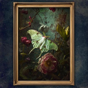 May include: A framed artwork featuring a large, pale green Luna moth with distinctive eye-like markings. The moth is set against a backdrop of lush foliage, including pink and red flowers, with a dark, textured background. The frame is gold-toned.