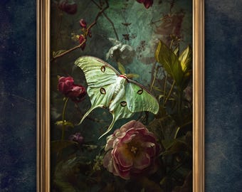 Luna Moth Botanical Dark Academia printable wall art, Moody Victorian Gothic Print, Insect and floral decor, Gift for Gardeners & Friends