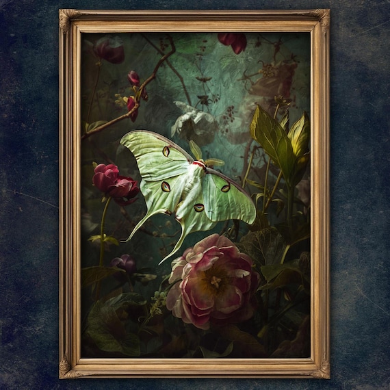 Luna Moth Botanical Dark Academia printable wall art, Moody Victorian Gothic Print, Insect and floral decor, Gift for Gardeners & Friends