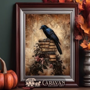 Raven Halloween Printable Wall Art, Fall Decor Crow prints, Dark Academia & Cottagecore, Victorian Gothic, Spooky Vintage Library Decor