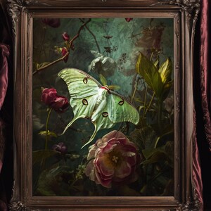 Victorian artwork featuring a luna moth with roses and other dark flowers.