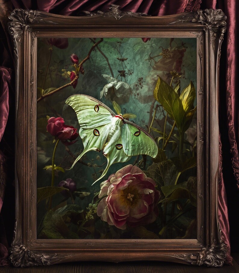 Victorian artwork featuring a luna moth with roses and other dark flowers.