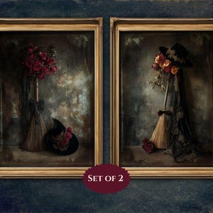 May include: Two framed prints of floral arrangements with brooms and hats. The first print features a red floral arrangement with a black witch's hat and broom. The second print features a yellow and orange floral arrangement with a black witch's hat and broom.