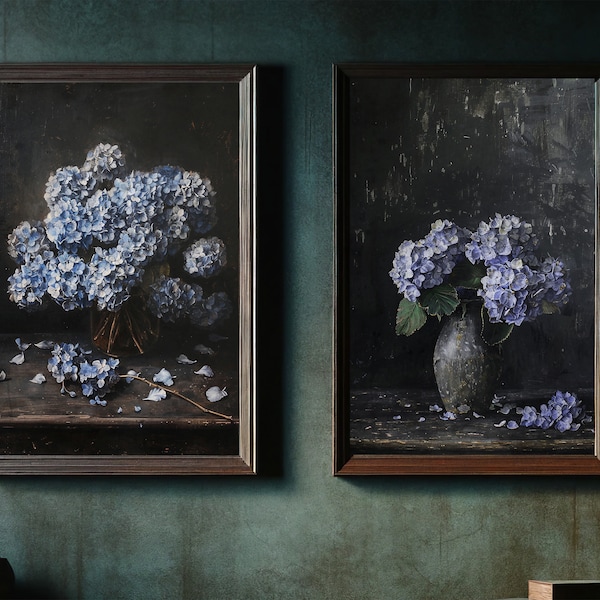 Farmhouse Moody Floral Wall Art Blue Hydrangea Set of 2 | Antique Victorian Dark Academia Art Print | Digital Download | Gift for Gardeners