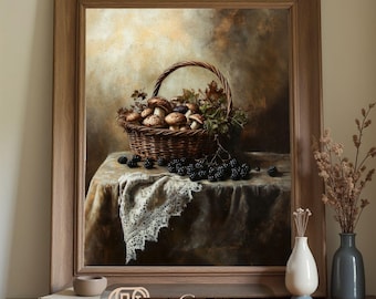 Mushrooms & Berries Fall Decor Printable wall art, Victorian Farmhouse, Cottagecore, French Country Decor, Kitchen Still Life Oil painting