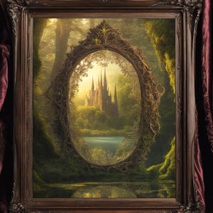 artwork of a giant gold mirror set in the deep moss covered forest at the edge of a pond.  It is reflecting back a magical scene of a fantasy world.