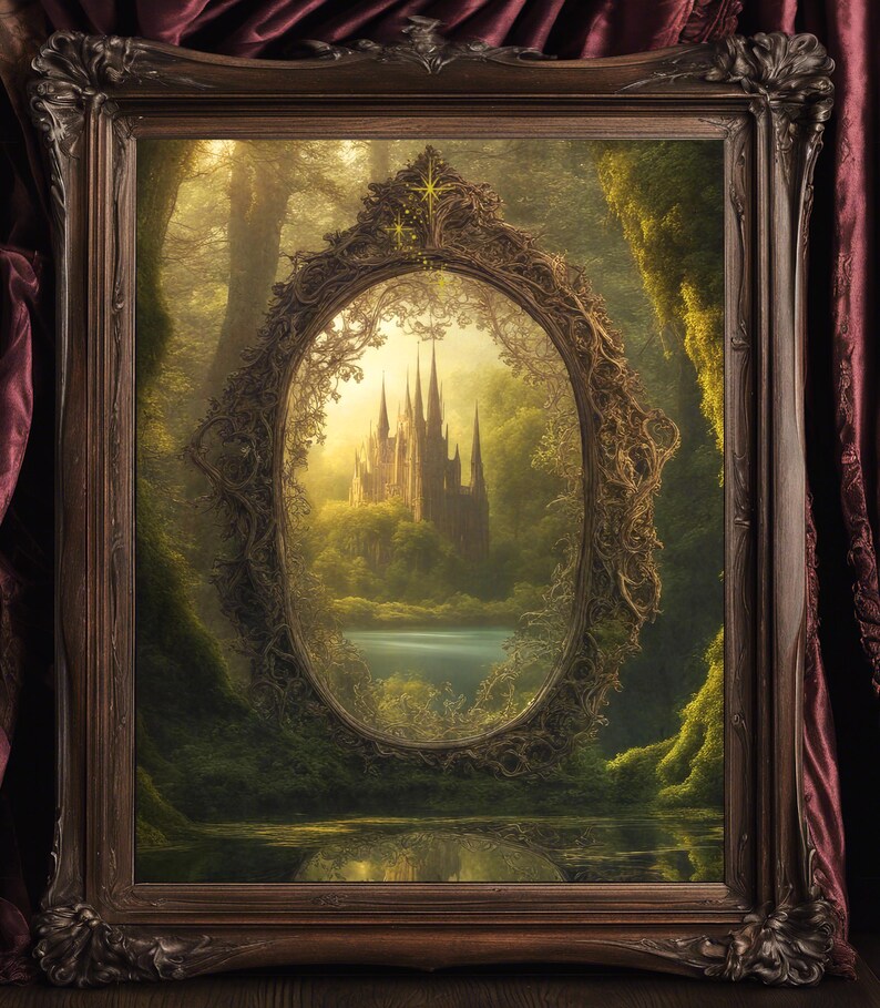 artwork of a giant gold mirror set in the deep moss covered forest at the edge of a pond.  It is reflecting back a magical scene of a fantasy world.