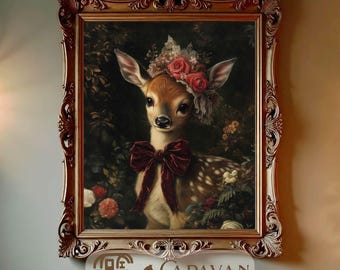 Victorian Reindeer fawn Printable wall art, Christmas and Baby Shower gift; Woodland nursery decor, Dark Cottagecore & Gothic Home Decor