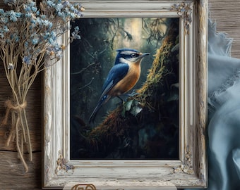 Vintage Blue Nuthatch Bird Printable wall art- Woodland Nursery, Cottagecore, Dark Academia, & Victorian Farmhouse Decor, Nature Lover Gift