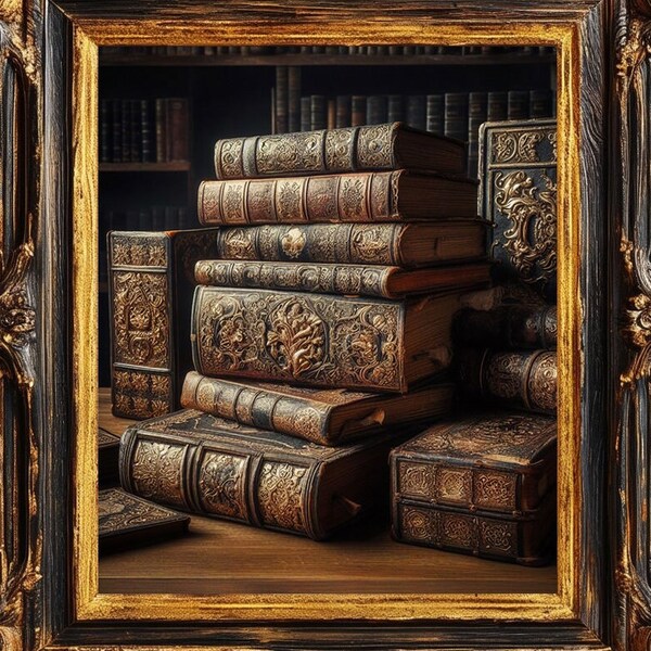 Moody Dark Academia Wall art of Antique Books | Digital Download Printable Victorian Gothic Decor oil painting | Gift for Father's Day