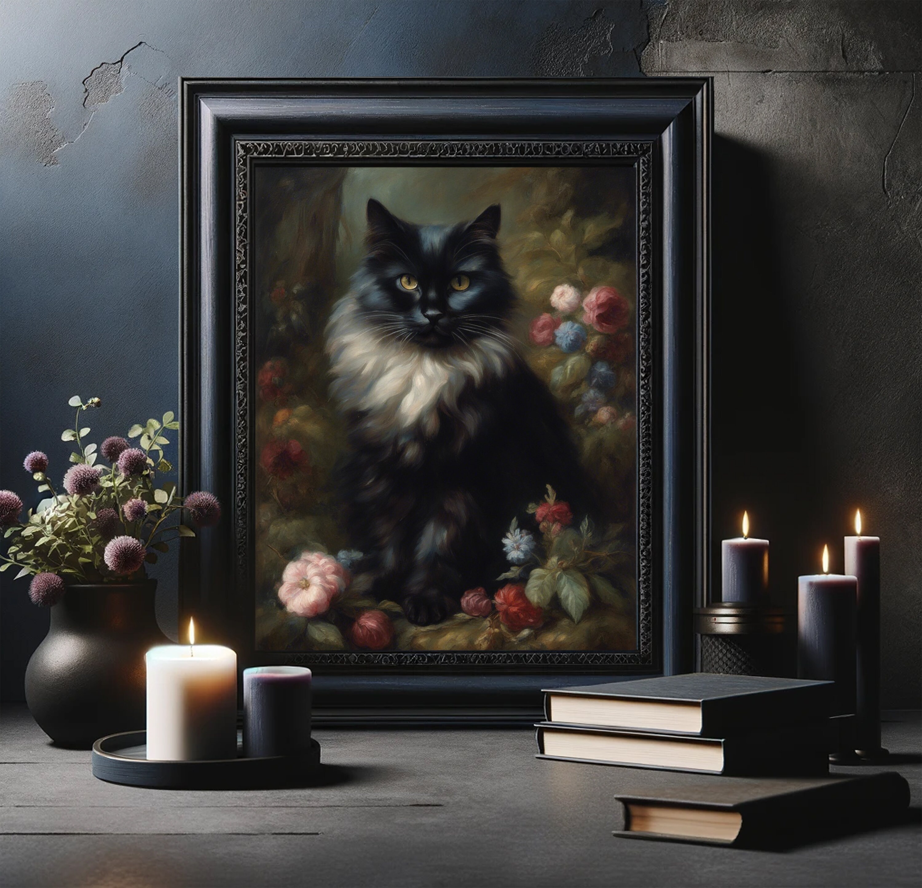 Victorian Black Cat With Roses Dark Cottagecore Art | Printable Digital ...