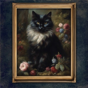 Victorian Black Cat with roses Dark Cottagecore art | Printable digital download | Dark Academia art | Moody floral art | Gothic Cat print