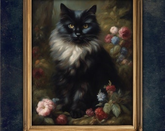 Victorian Black Cat with roses Dark Cottagecore art | Printable digital download | Dark Academia art | Moody floral art | Gothic Cat print