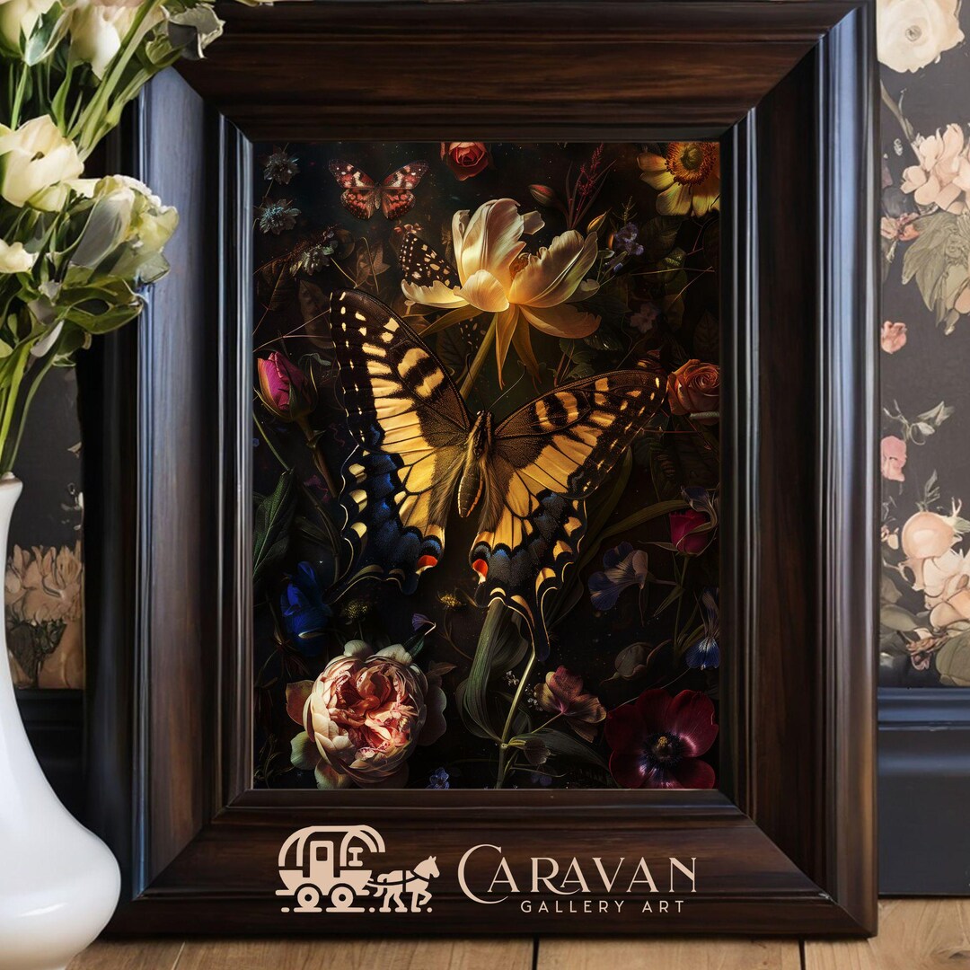 Moody Botanical Butterfly & Florals Printable Wall Art- Dark Academia ...