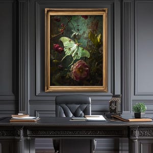Victorian artwork featuring a luna moth with roses and other dark flowers.