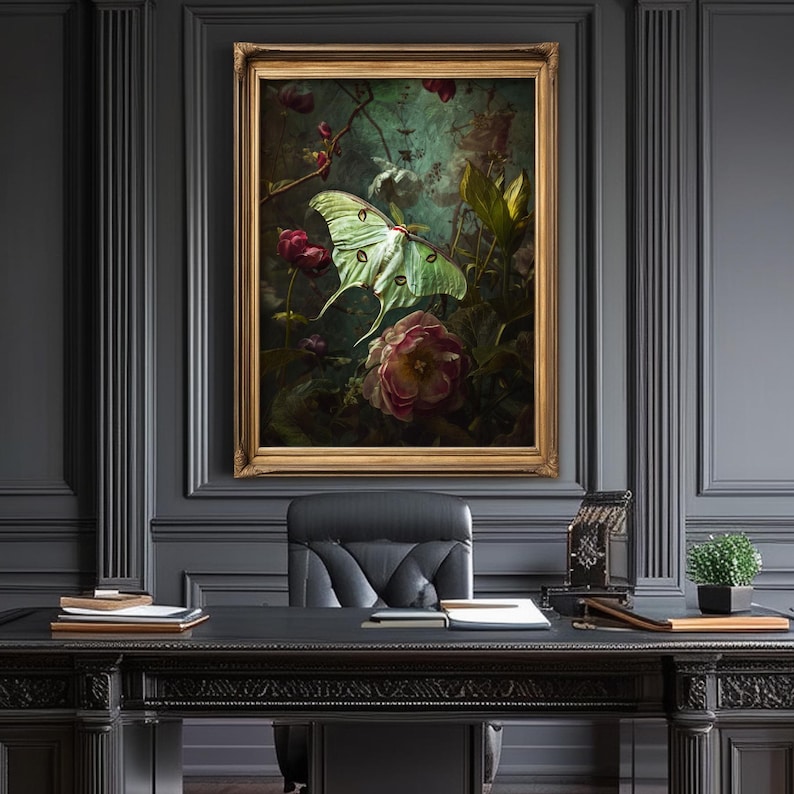 Victorian artwork featuring a luna moth with roses and other dark flowers.