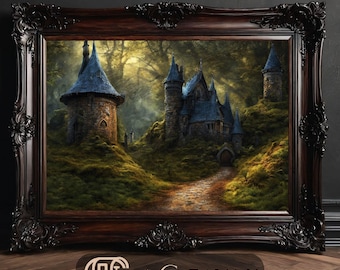 Fantasy Village Printable Wall Art, Dark Academia & Victorian Gothic Landscape painting, Medieval Castle Oil painting, Bookish Library Decor