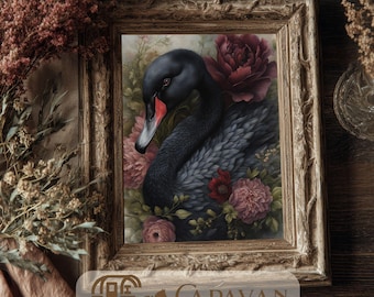 Gothic Black Swan & Roses Printable Wall Art- Dark Academia, Vintage Cottagecore, and Victorian Decor, Moody Floral Print, Gift for Her