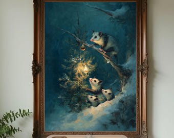 Christmas Opossums Printable wall art- Victorian Gothic, Farmhouse, Cottagecore & Dark Academia decor Seasonal Cabin Decor and Gifts