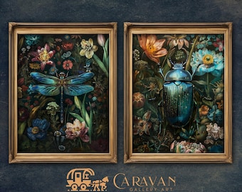 Printable wall art of Blue Floral Dragonfly and Beetle-set of 2 Botanical Dark Academia prints, Moody & Dark Floral Maximallist Gift for Her