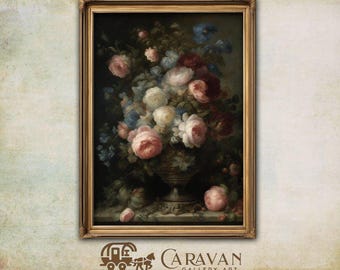 Pink Roses Moody Floral Still Life Printable Wall, Botanical French Country Decor Victorian Gothic, Dark Academia & Cottagecore decor