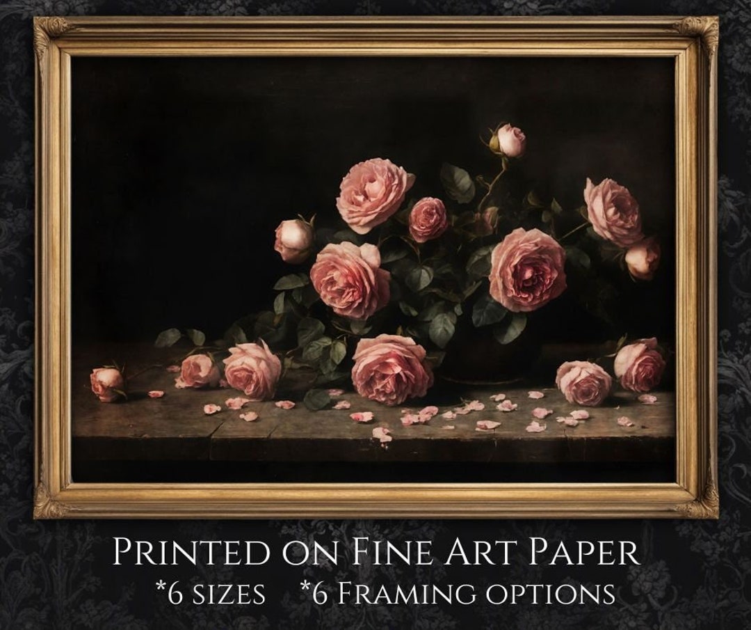 Moody Pink Roses Fine Art Print, Vintage Floral Wall Art, Dark ...