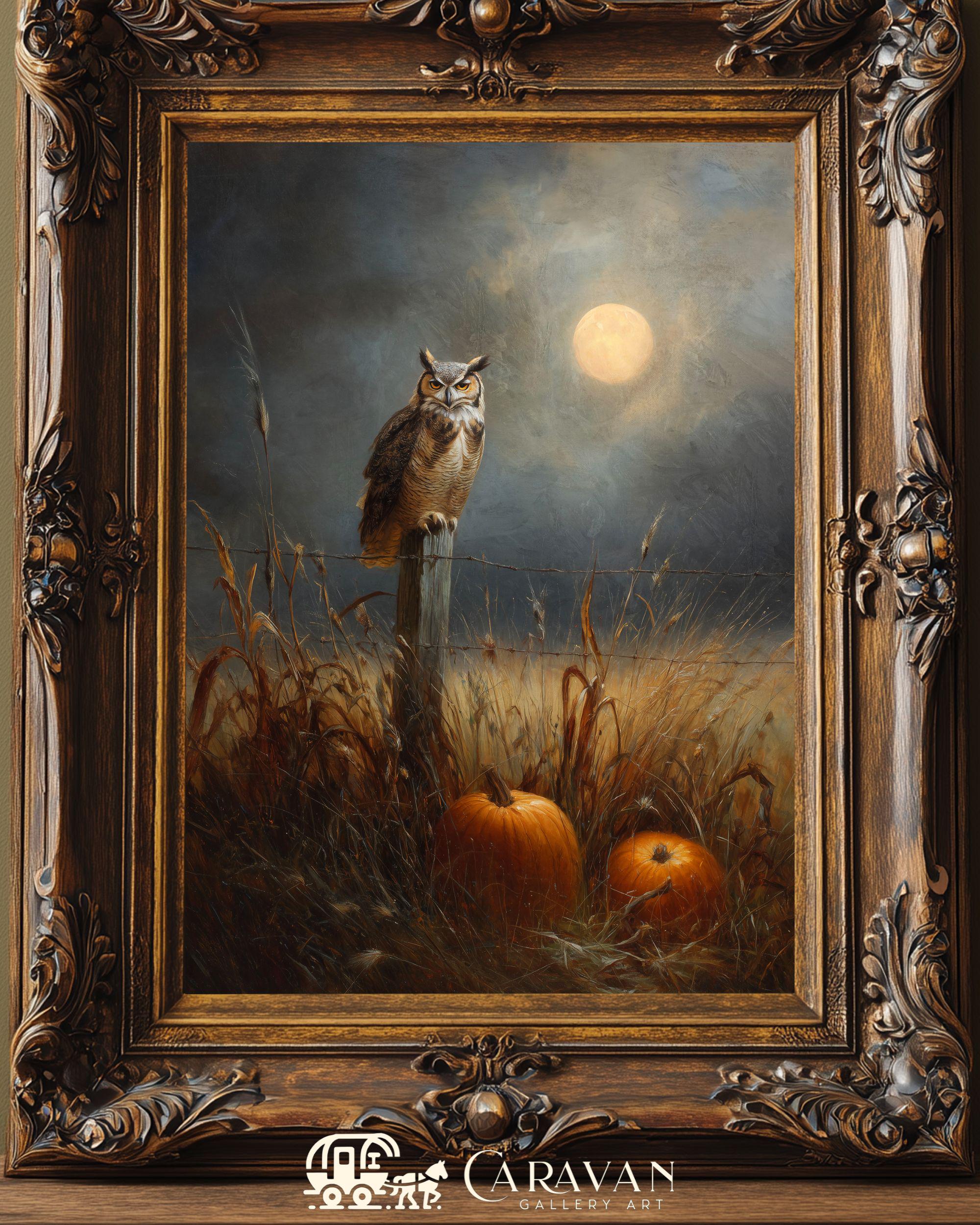 Autumn Owl, Pumpkins & Moon Printable wall art- Fall Dark Academia, Cottagecore, Country Farmhou