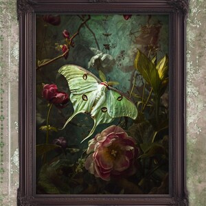 Victorian artwork featuring a luna moth with roses and other dark flowers.