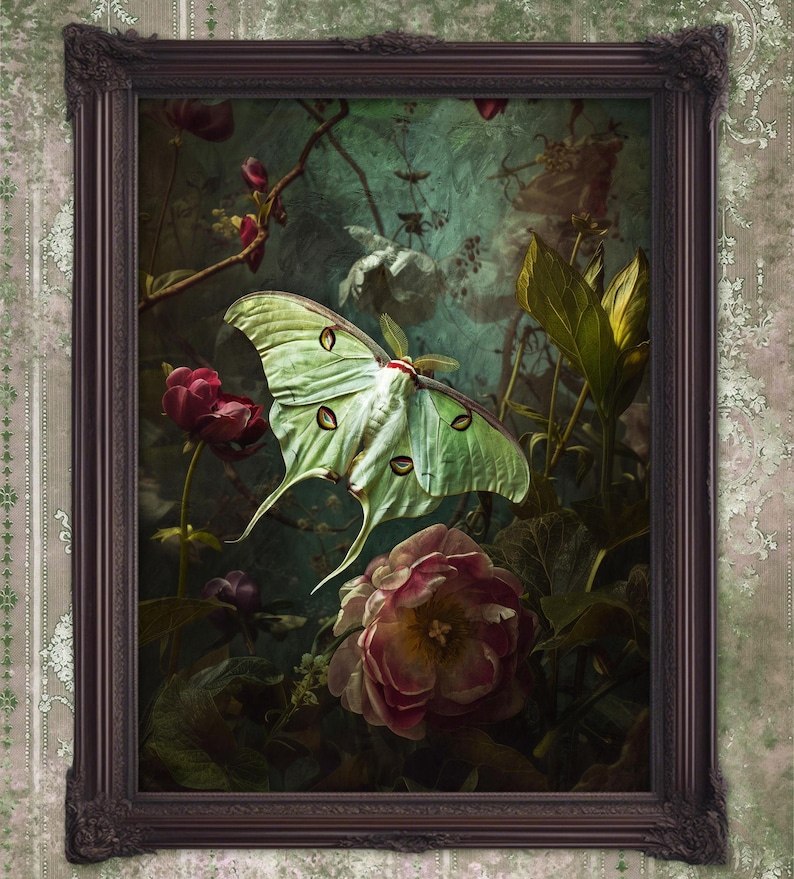 Victorian artwork featuring a luna moth with roses and other dark flowers.