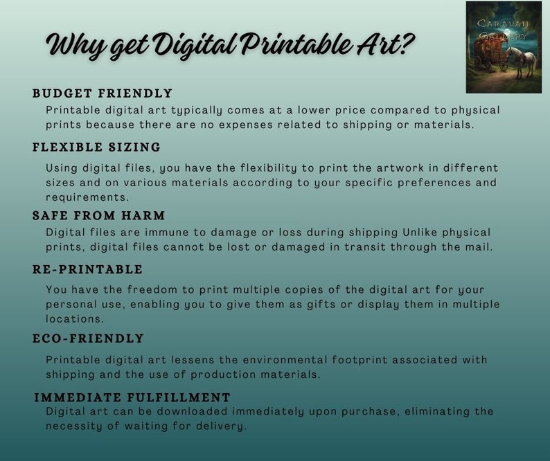 Why Digital Page= Why get Digital Printable art? Budget Friendly, Flexible sizing, safe from harm, re-printable, eco-friendly, immediate fulfillment