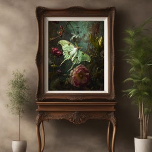 Victorian artwork featuring a luna moth with roses and other dark flowers.