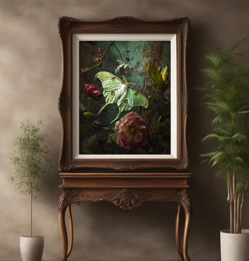 Victorian artwork featuring a luna moth with roses and other dark flowers.