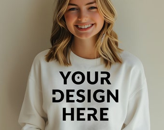 Gildan 18000 | White Mockup | White Sweatshirt Mockup | Oversized White Hoodie Mockup | White Mock Crewneck | White Background