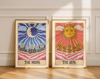 Sun and Moon Tarot Print Set: Retro Boho Mystical Wall Art (Digital Download)