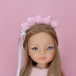 A white headband with pink flowers for Paola Reina doll and similar ones. Doll accessories